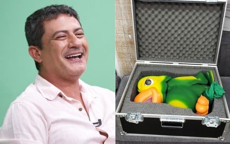 Montagem de fotos com Tom Veiga sorrindo e Louro José guardado em uma caixa