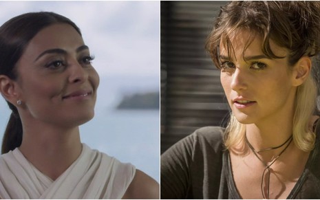 As atrizes Juliana Paes, com leve sorriso, e Priscila Steinman, com expressão séria, em cenas de Totalmente Demais