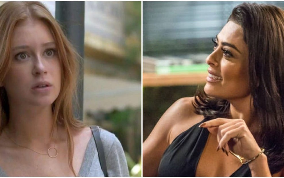 Imagens das personagens Eliza (Marina Ruy Barbosa) e Carolina (Juliana Paes) com expressões assustadas na novela das sete