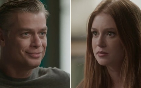 Montagem de Fabio Assunção (Arthur) e Marina Ruy Barbosa (Eliza); ele sorridente e ela séria na novela Totalmente Demais