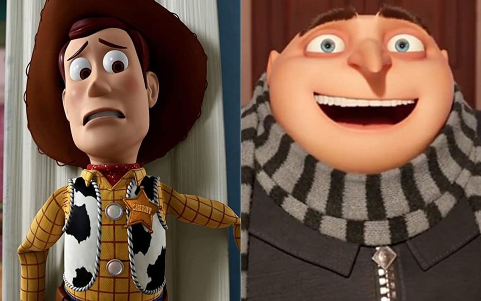 Montagem com os personagens de desenho animado Woody em Toy Story 3 (2010) e Gru em Meu Malvado Favorito 3 (2017)