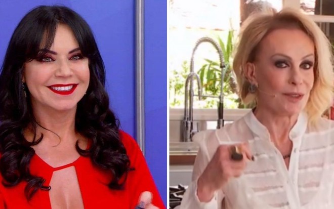 Imagem de Flor Fernandez com roupa vermelha no Programa Silvio Santos e Ana Maria Braga com blusa branca no Encontro