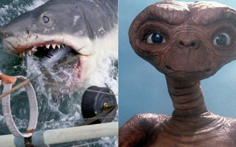 Montagem de fotos com cenas dos filmes Tubarão (à esquerda) e E.T. O Extraterrestre