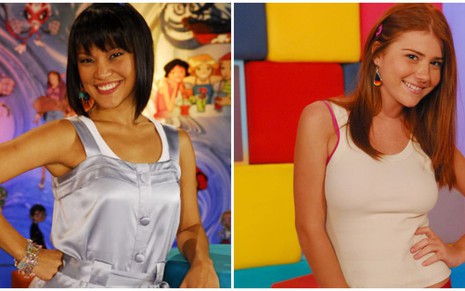 Geovanna Tominaga e Mariah Bernardes sorriem em diferentes cenários da TV Globinho