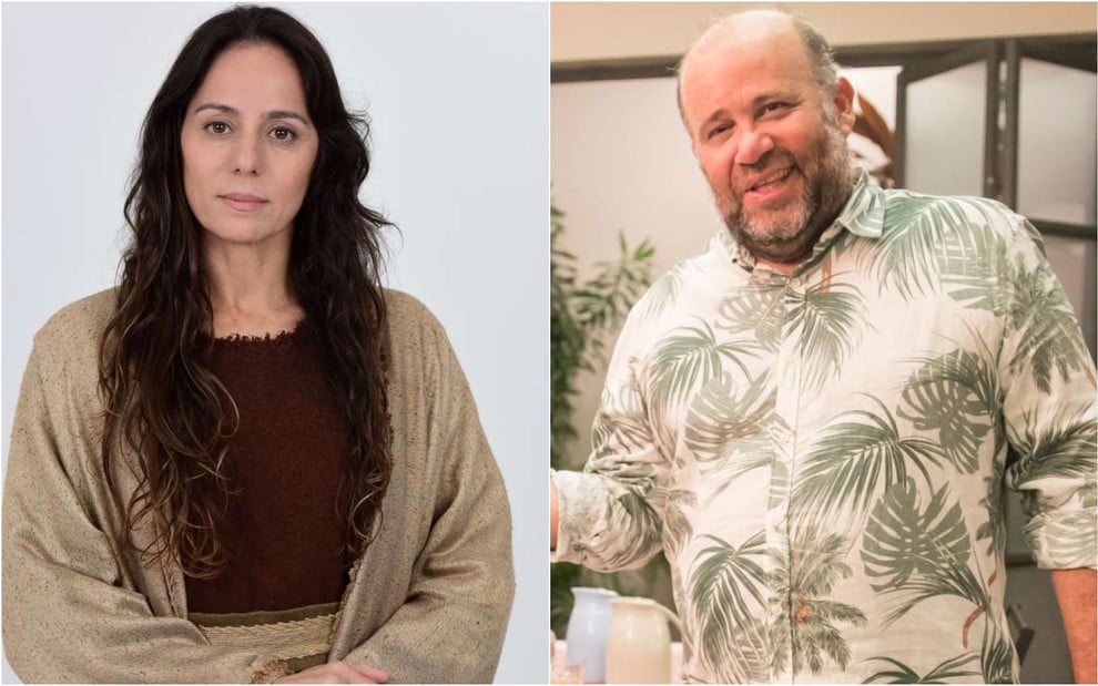 Os atores Claudia Mauro e Otávio Muller em fotos de divulgação; ela séria com roupa de época, ele sorrindo de camisa estampada com folhas