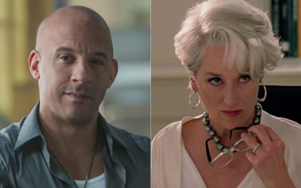 Montagem de fotos com os atores Vin Diesel (à esquerda) no filme Velozes e Furiosos 7 e Meryl Streep (à direita) no longa O Diabo Veste Prada