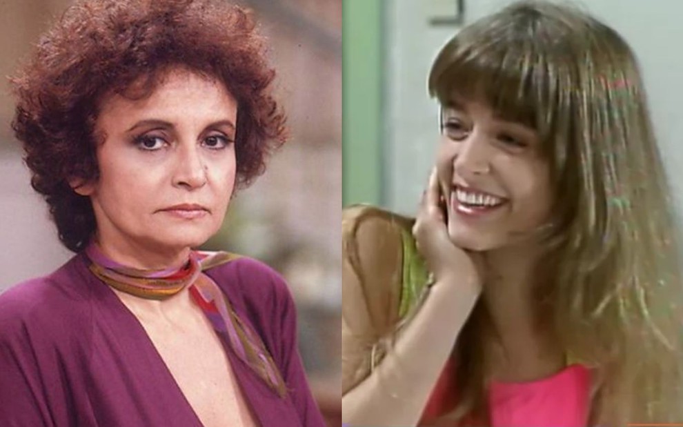 As atrizes Joana Fomm e Luciana Vendramini, a primeira séria e a segunda sorrindo, em cenas da novela Vamp