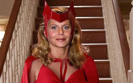 Vera Fischer usando uma fantasia vermelha, de diabinha, em montagem feita por internautas
