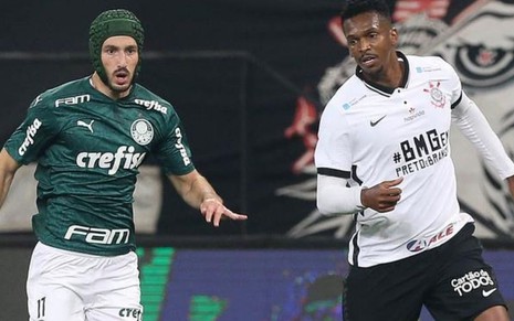 Imagem exibe os jogadores Matías Viña e Jô, de Palmeiras e Corinthians, respectivamente