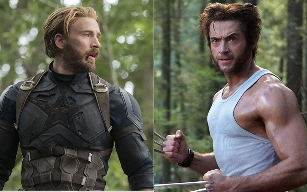 Montagem com Chris Evans como o Capitão América em Vingadores: Guerra Infinita e Hugh Jackman como Wolverine em X-Men: O Confronto Final