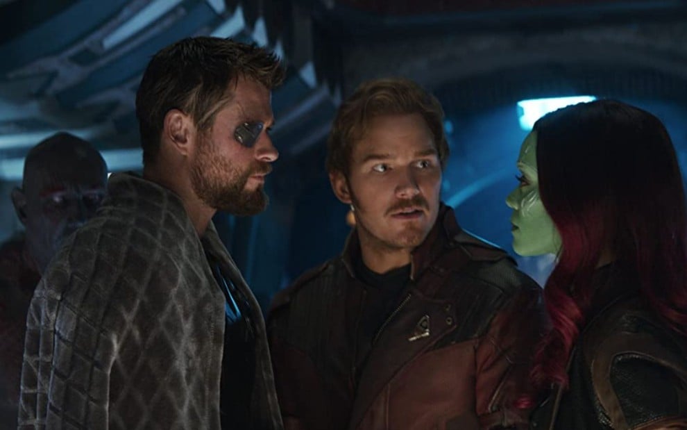 Dave Bautista, Chris Hemsworth, Chris Pratt e Zoe Saldana em cena de Vingadores: Guerra Infinita