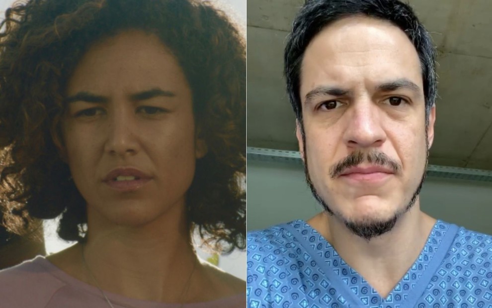 Montagem de fotos com a atriz Bárbara Colen no filme Bacurau (à esq.) e Mateus Solano em vídeo publicado no Instagram (à dir.)