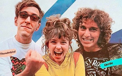 Os ex-VJs Luiz Thunderbird, Cuca Lazzarotto e Gastão Moreira em foto de 1990, Cuca e Gastão sorriem