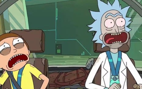 Morty Smith e Rick Sanchez dentro de um veículo de vidro em cena da animação Rick & Morty