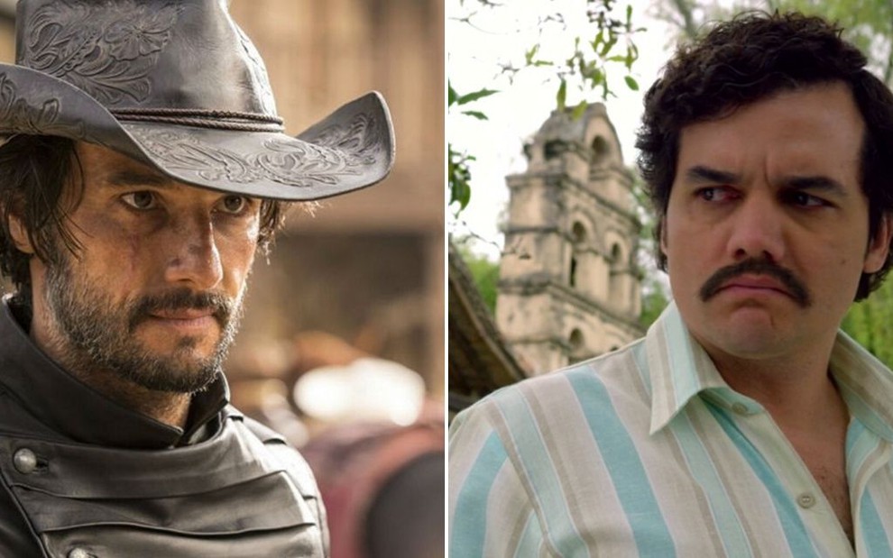 Rodrigo Santoro se veste como um pistoleiro do Velho Oeste em Westworld; ao lado Wagner Moura surge bigodudo e gordinho em Narcos