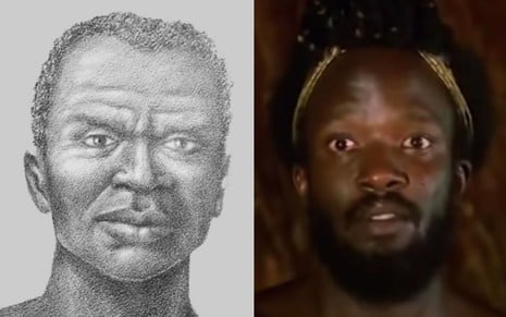 Montagem de fotos com o Zumbi dos Palmares, em retrato desenhado (à esquerda) e o ator Antônio Pompêo caracterizado como Zumbi dos Palmares no filme Quilombo