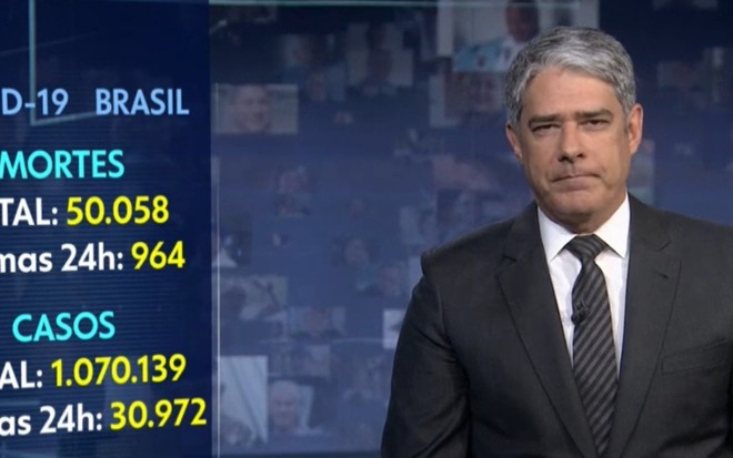 William Bonner na bancada do Jornal Nacional deste sábado (20) com os números sobre o coronavírus no telão ao lado