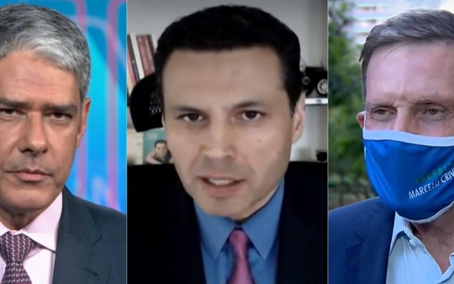 Montagem de fotos com William Bonner (no Jornal Nacional), Renato Cardoso e Marcelo Crivella
