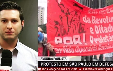 Repórter Willian Kury segurando microfone da GloboNews e imagem de manifestação na avenida Paulista