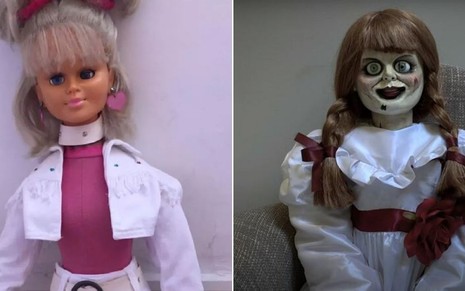 Montagem com uma boneca da Xuxa ao lado esquerdo e a boneca Anabelle da franquia Invocação do Mal do lado direito