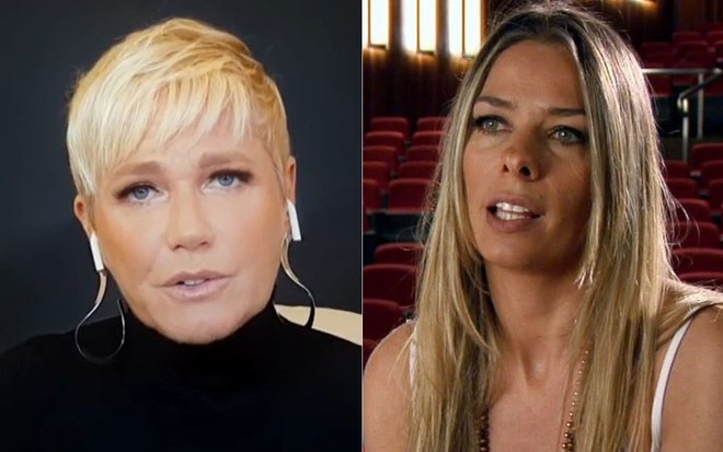 Xuxa Meneghel de blusa preta; Adriane Galisteu de regata branca