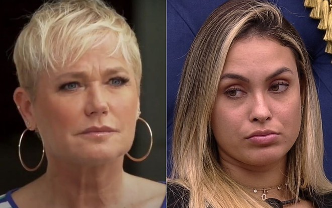 Xuxa Meneghel, cabelo curto, brinco de argolas; Sarah Andrade sentada na cama do líder, cabelo liso e loiro