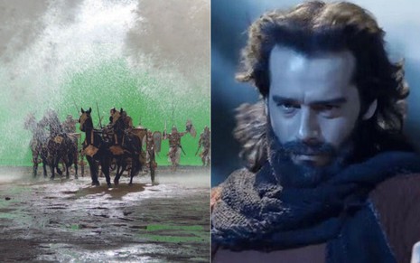 Montagem de fotos com bastidores da gravação da cena de abertura do Mar Vermelho e Guilherme Winter como Moisés
