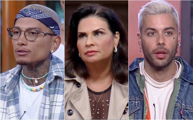 Dynho olha para o lado, veste camiseta branca e camisa azul xadrez; Solange veste blusa marrom e camiseta preta; Gui veste camiseta branca, jaqueta jeans azul e está olhando para o lado
