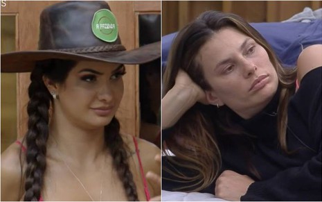 Marina usa chapéu de fazendeira, top vermelho e está olhando para o lado; Dayane olha para o lado, está deitada no sofá e veste blusa preta