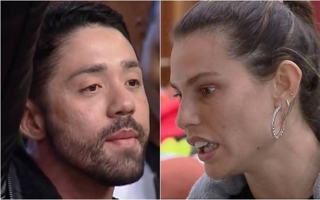 Rico olha para o lado, a câmera está focada no rosto do peão; Dayane olha para o lado, está com o cabelo presto e veste um roupão cinza