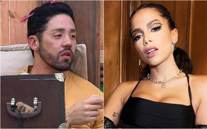 Rico olha para o lado, veste camiseta amarela e segura uma caixa marrom; Anitta olha para a frente, está com o cabelo preso e usa top preto