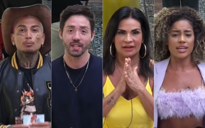 Montagem de fotos com Dynho, Rico, Solange e Sthefane pedindo votos para ficar em A Fazenda 13