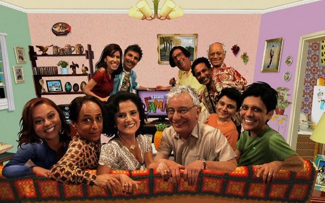 Elenco de A Grande Família na abertura da última temporada do programa na Globo, com destaque para Marieta Severo e Marco Nanini