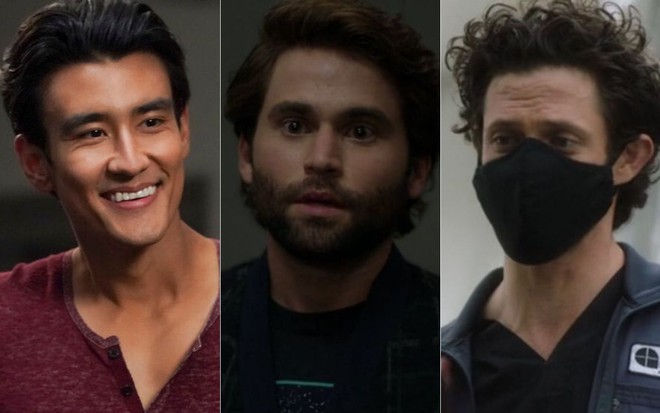 Montagem com fotos de Alex Landi, Jake Borelli e Kyle Harris em cena do episódio 16 da 17ª temporada de Grey's Anatomy