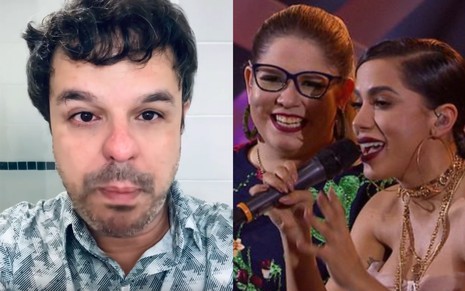 Montagem com foto dos rostos de Adrilles Jorge, comentarista da Jovem Pan, e apresentação de Marília Mendonça com Anitta