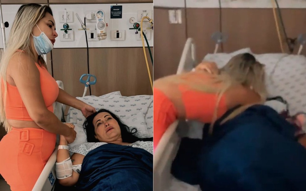 Montagem com imagens de Deolane Bezerra com a mãe em quarto de hospital