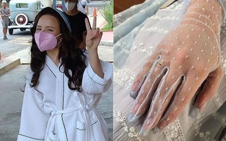 Larissa Manoela em foto publicada no Instagram: à esquerda, atriz acena para fã, à direita, detalhes da roupa da atriz