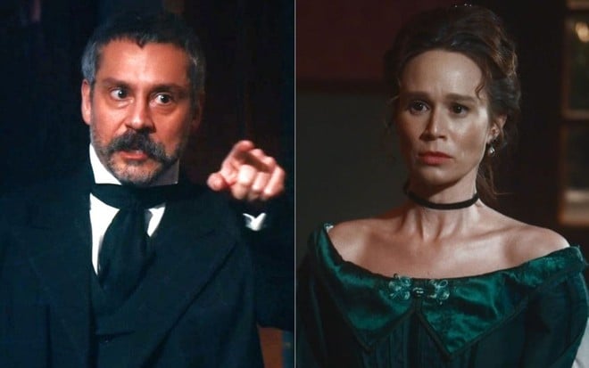 Montagem com Tonico (Alexandre Nero) apontando o dedo para frente; e Luísa (Mariana Ximenes) com expressão de medo em cenas da novela Nos Tempos do Imperador