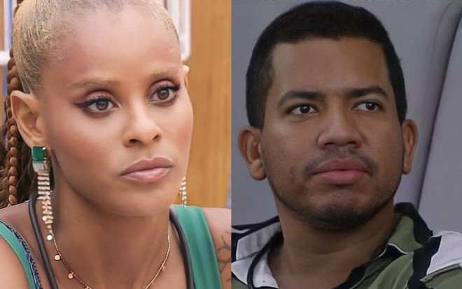Aline Wirley e Bruno no BBB 23. Os dois têm expressões sérias.