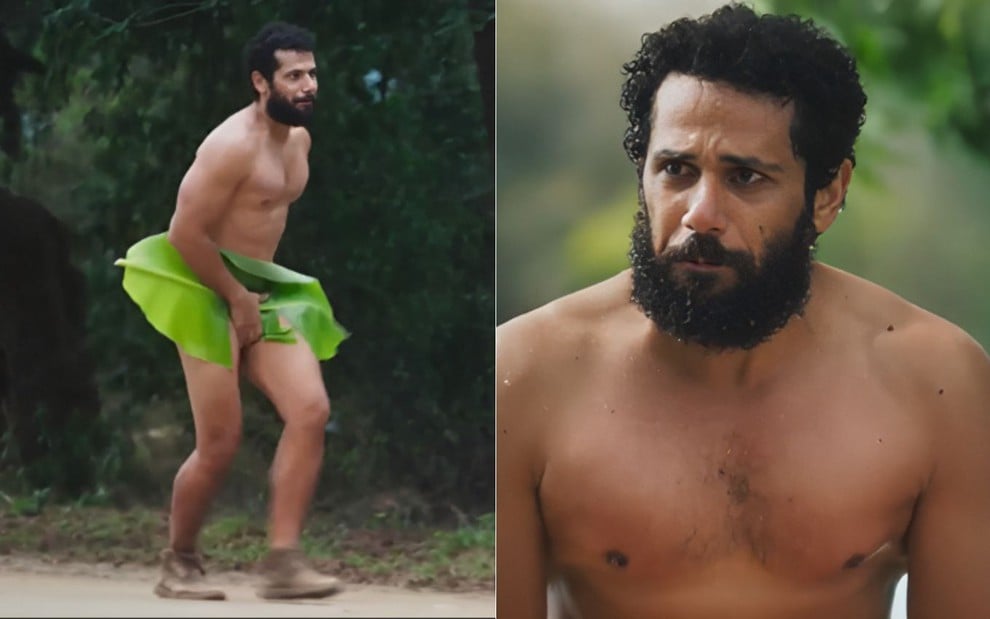 Montagem com Amaury Lorenzo correndo e tapando as partes íntimas com folha de bananeira e uma imagem dele sem camisa em Terra e Paixão