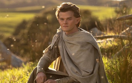 Imagem do personagem Elrond (Robert Aramayo), da série O Senhor dos Anéis, sentado na grama