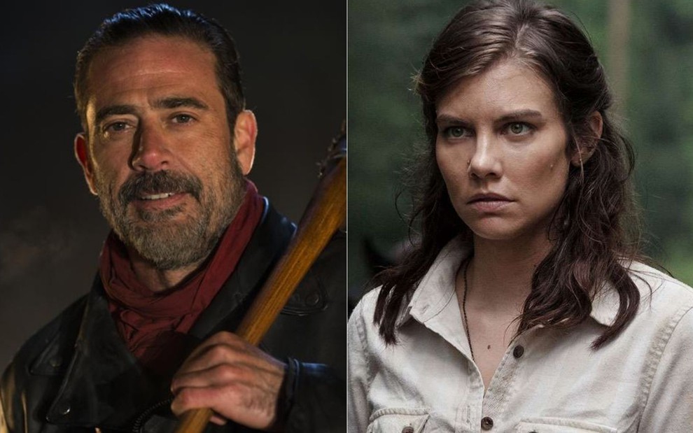 Montagem com fotos de Jeffrey Dean Morgan e Lauren Cohan em The Walking Dead