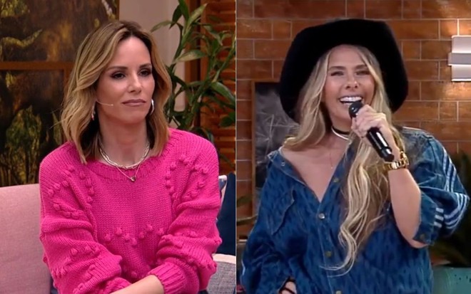 De tricô rosa, Ana Furtado faz cara de desgosto; A montagem inclui Galisteu do lado direito com chapéu de fazendeira