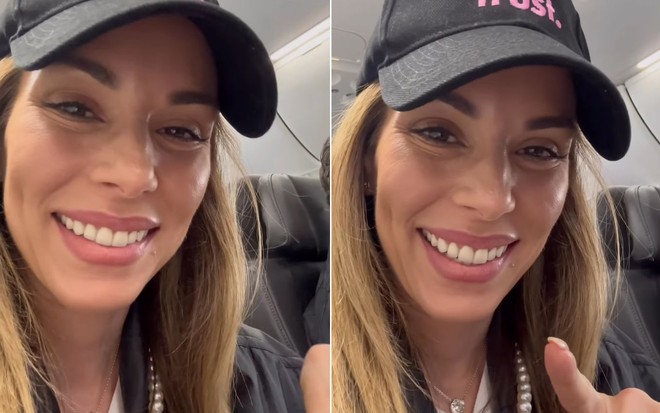 Montagem com fotos de Ana Furtado de boné dentro de um avião