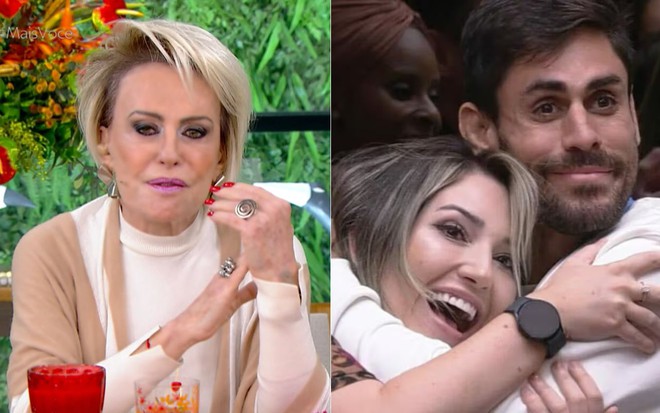 Montagem com fotos de Ana Maria Braga no Mais Você ao lado de Amanda e Antônio Cara de Sapato se abraçando no BBB 23
