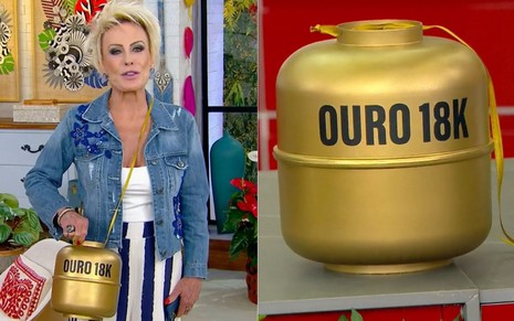 Ana Maria Braga usa uma bolsa de botijão de gás de ouro