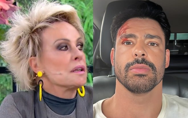 Na montagem: Ana Maria Braga no Mais Você (à esquerda) e Cauã Reymond co maquiagem cenográfica de sangue (à direita)