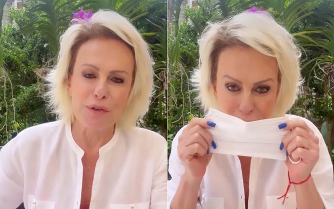 Ana Maria Braga veste camisa de linho branca e fala sobre a Covid com parede verde ao fundo; em uma das duas imagens ela segura máscara descartável em mãos