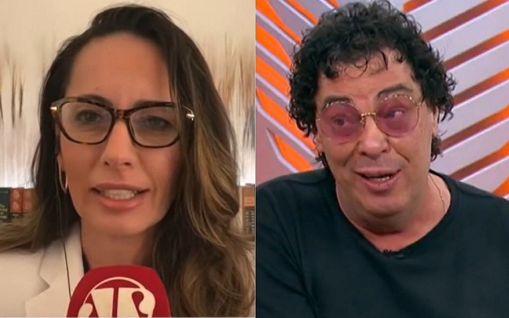 Ana Paula Henkel em sua casa participando de um programa da Jovem Pan, usando óculos; Casagrande nos estúdios da Globo com uma camisa preta e óculos com lentes vermelhas