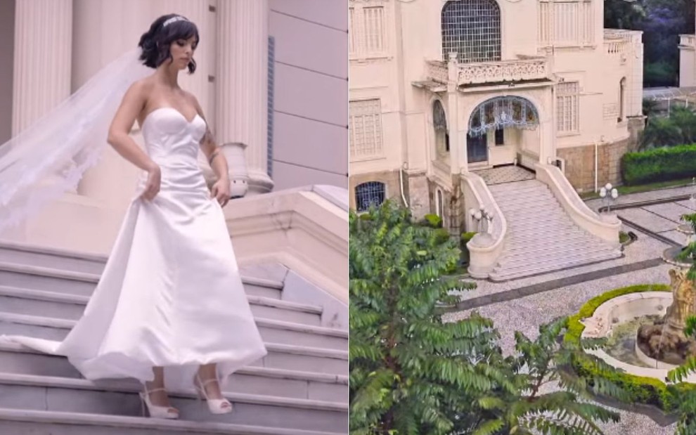 Montagem de fotos: Na primeira imagem, Ana Prado está vestida de noiva e desce escadas em cena do reality Casamento às Cegas Brasil; A segunda foto é da fachada do Palácio dos Cedros, em São Paulo